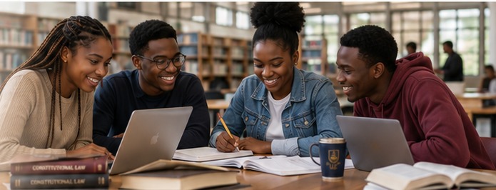 Students studying together in a library